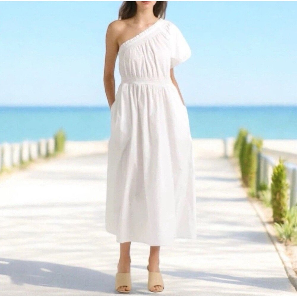 J.Crew One Shoulder Smocked Waist Maxi Dress White Cotton Poplin Puff Sleeve‎